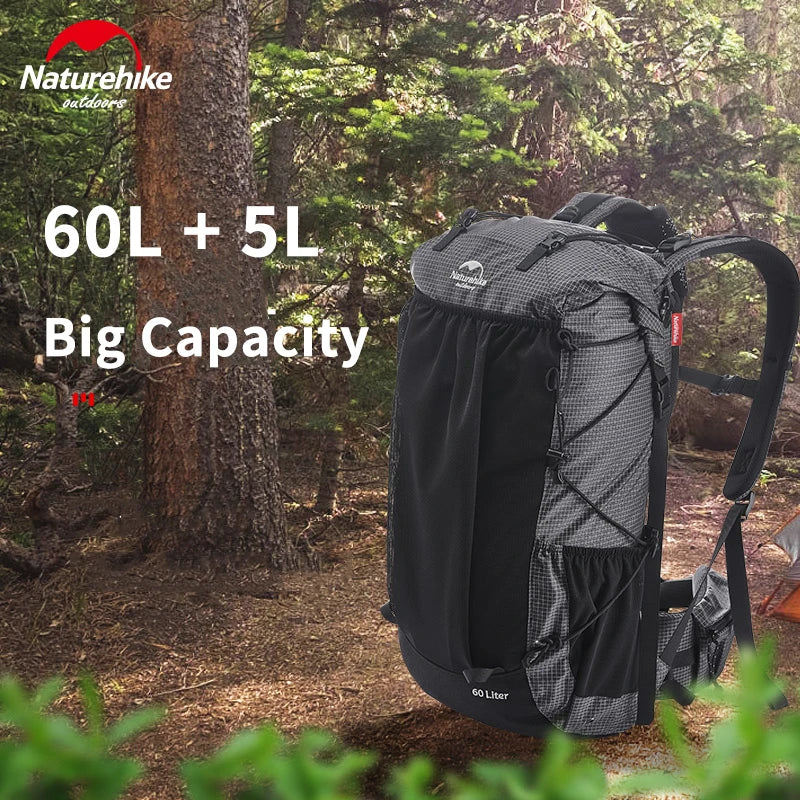 Naturehike Hot Sale 60L+5L Camping Backpack 1.16kg High Capacity 15kg Load Camping Backpack Tear-Risistant Hiking Backpack